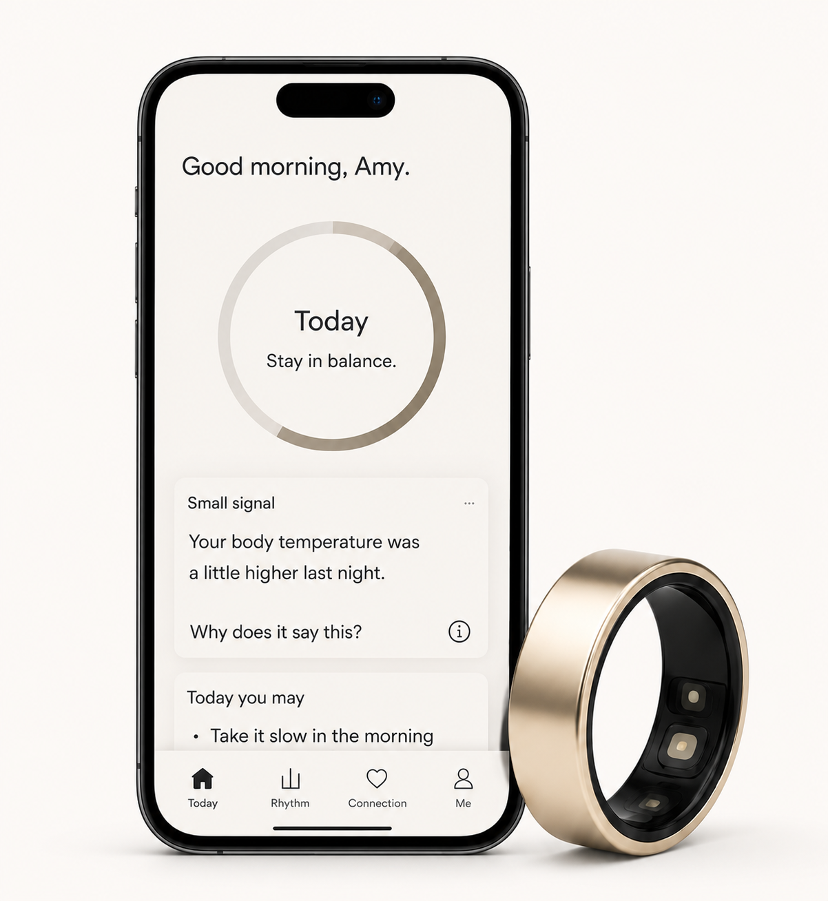 Glowhiz app displayed beside a smart ring